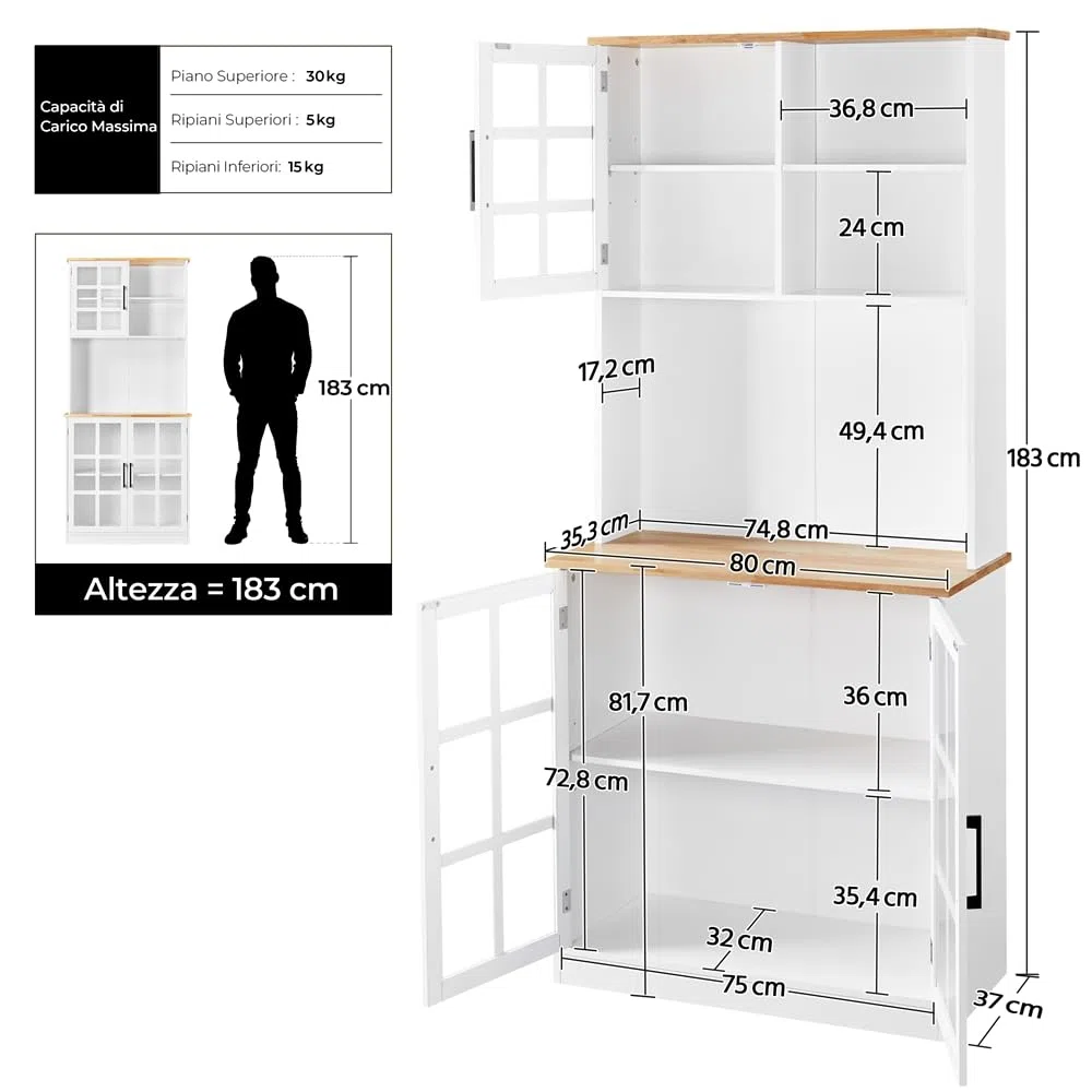 Yaheetech Credenza Cucina Alta Mobile Dispensa Buffet con Ante Ripiani Regolabili e Piano di Lavoro Aperto 80 x 37 x 183 cm per Sala da Pranzo Soggiorno Bianco