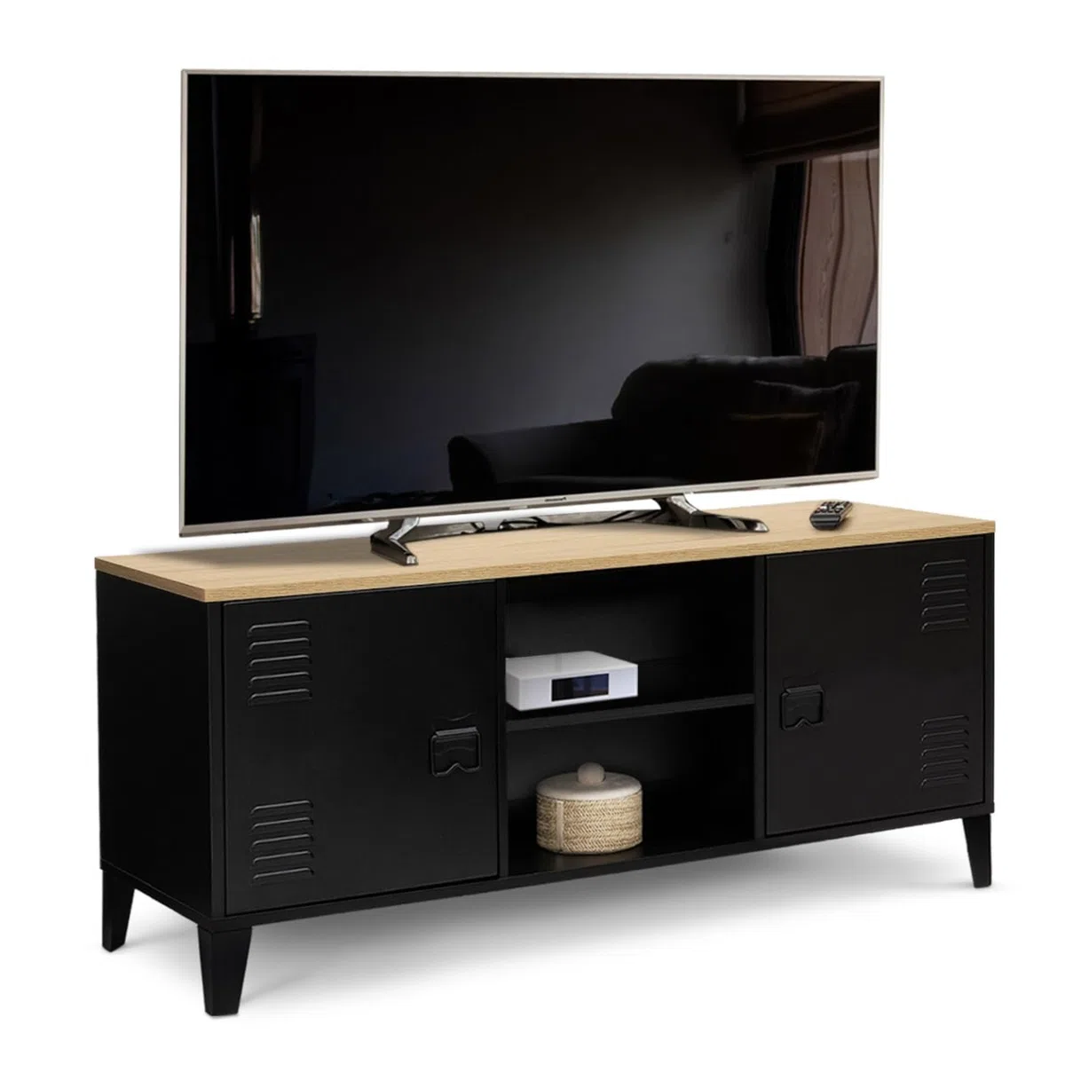 IDMarket - Mobile TV ESTER 113 cm con 2 ante in metallo nero e piano in legno industriale