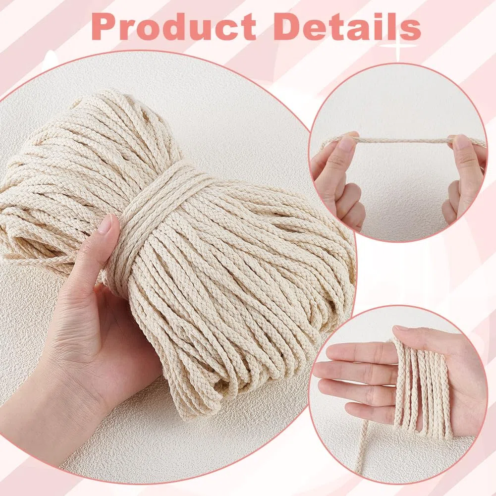 PH PandaHall 100m Corda di Cotone Macramè 5mm Filo di Cotone per Uncinetto, Cordoncino per Macramè Beige Naturale per Lavori Artigianali Arazzi Cucito Cuscini Maglieria Decorazioni