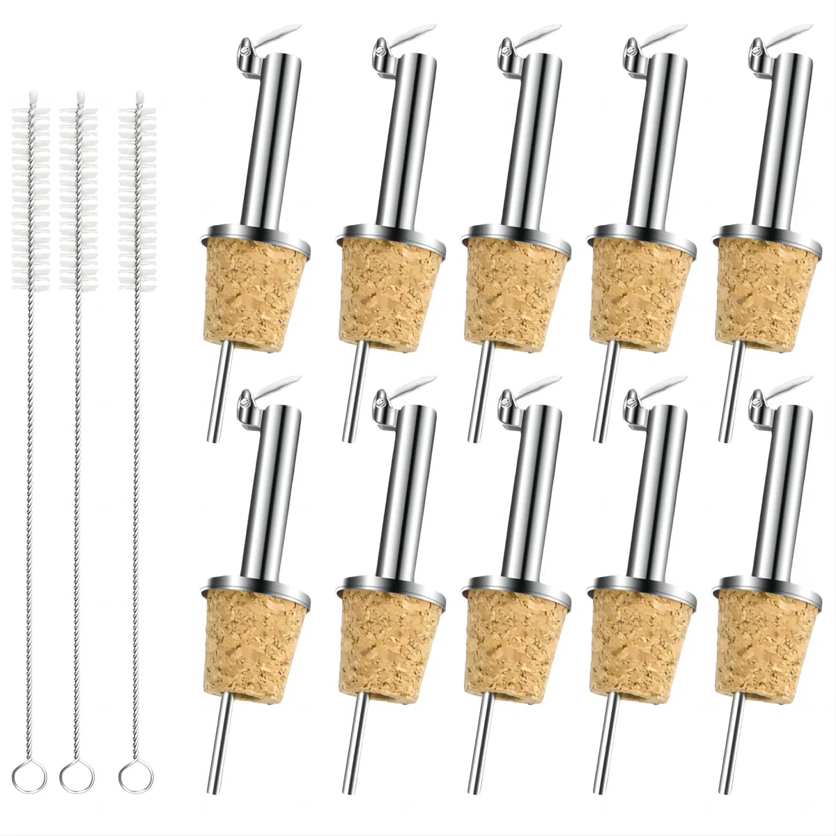 10 PCS Beccucci di Sughero per Bottiglia, Beccuccio per Bottiglie di Liquori e Oli, con 3 Spazzola per Pulizia, Versatore Bottiglia per Vino con Patta, Versatori di Tappi in Sughero Naturale