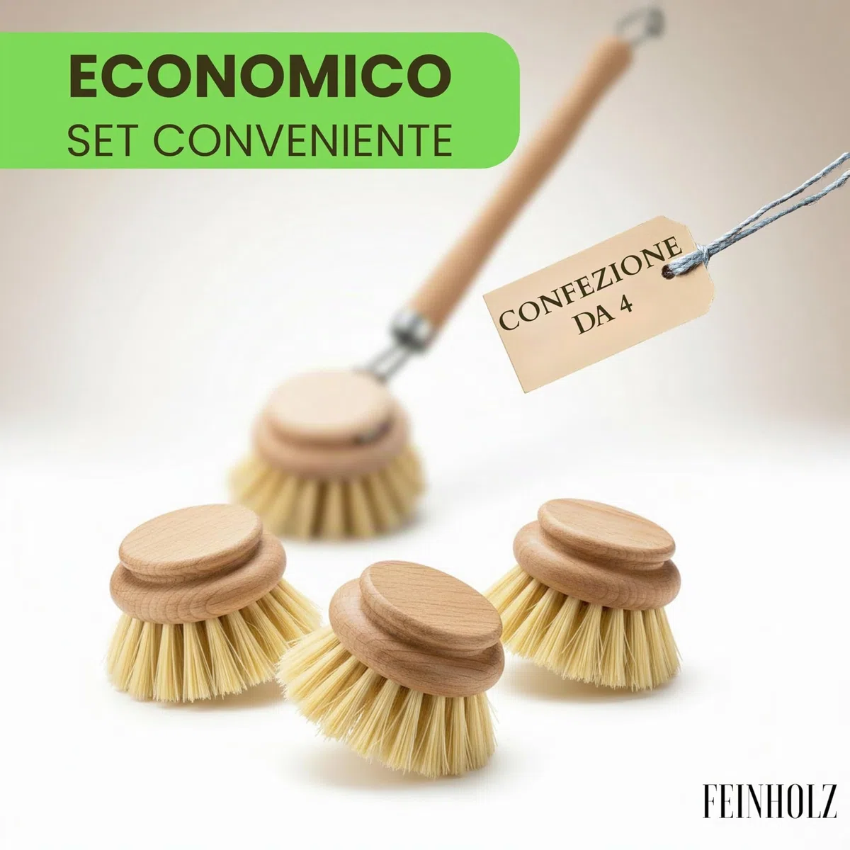 Spazzola Piatti Legno con 3 Testine di Ricambio (Set da 4) – Spazzola per Piatti Ecologica con Setole Naturali – Spazzola Cucina Biodegradabile