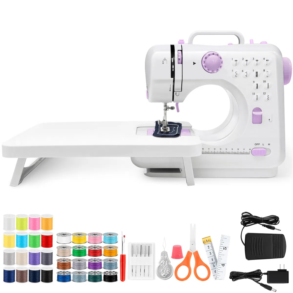 Macchina da cucire con tavolo scorrevole, mini macchina da cucire, macchina da cucire elettrica portatile, macchina da cucire a 12 punti con luce a LED, set di accessori da cucito, ideale per vestiti