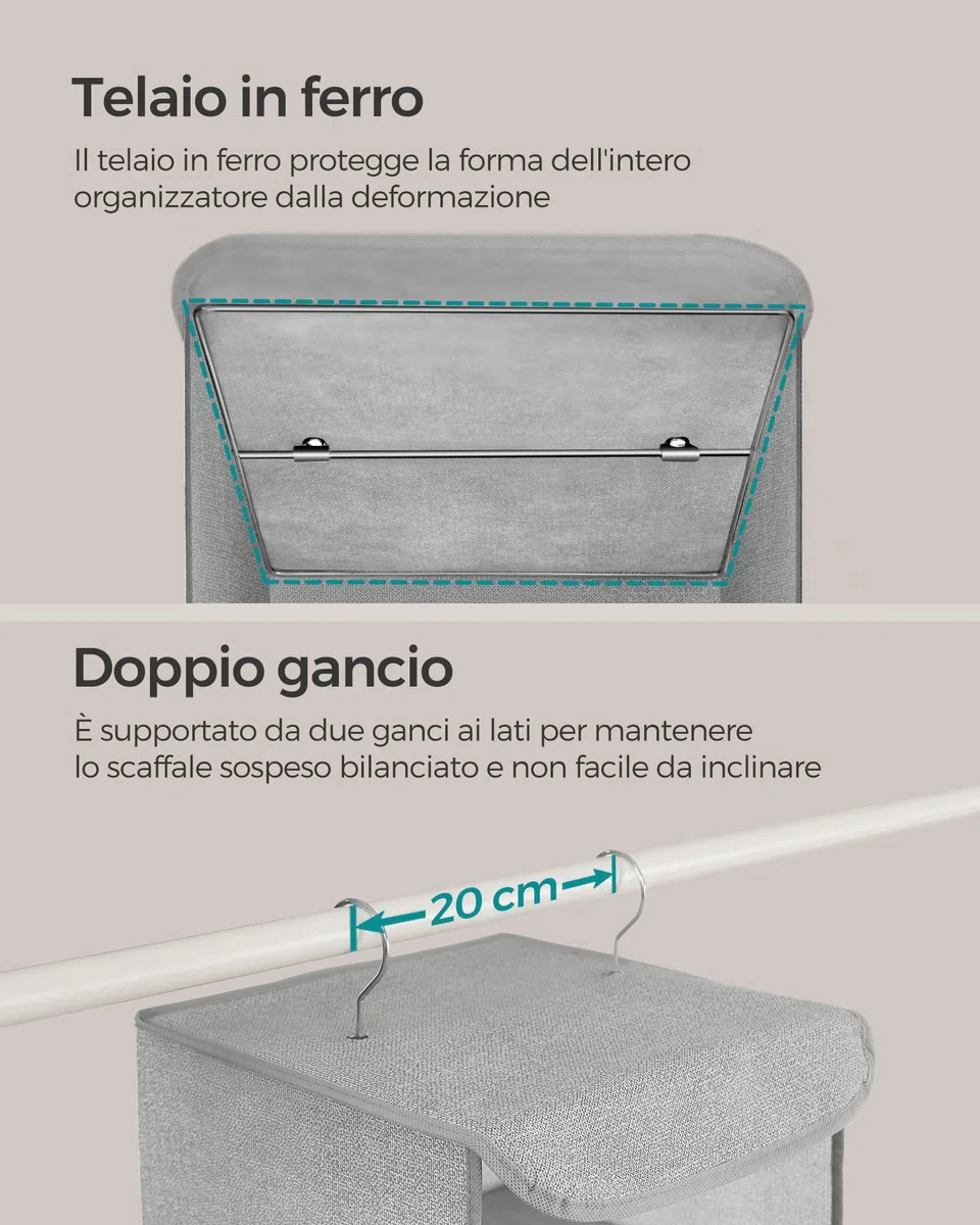 SONGMICS Organizer Armadio da Appendere, Set di 2 Portaoggetti da Appendere, Pieghevole e Salvaspazio, con Ganci in Metallo e Divisori Interni in Bambù, Stampa in Simil Lino, Grigio Chiaro RCH005W02