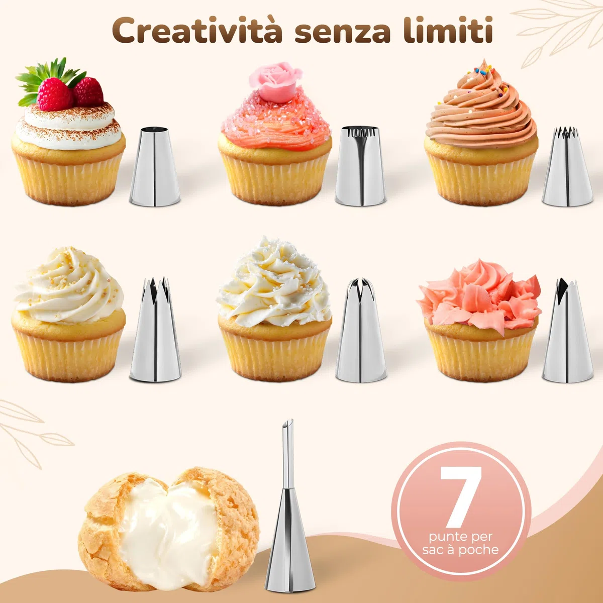 Sac à poche professionale 40 cm | Set con 2 sacche riutilizzabili in cotone | 7 Beccucci Decorativi in Acciaio Inox | Sac a Poche Riutilizzabile in Cotone, Lavabile in Lavastoviglie | Beccucci Grandi