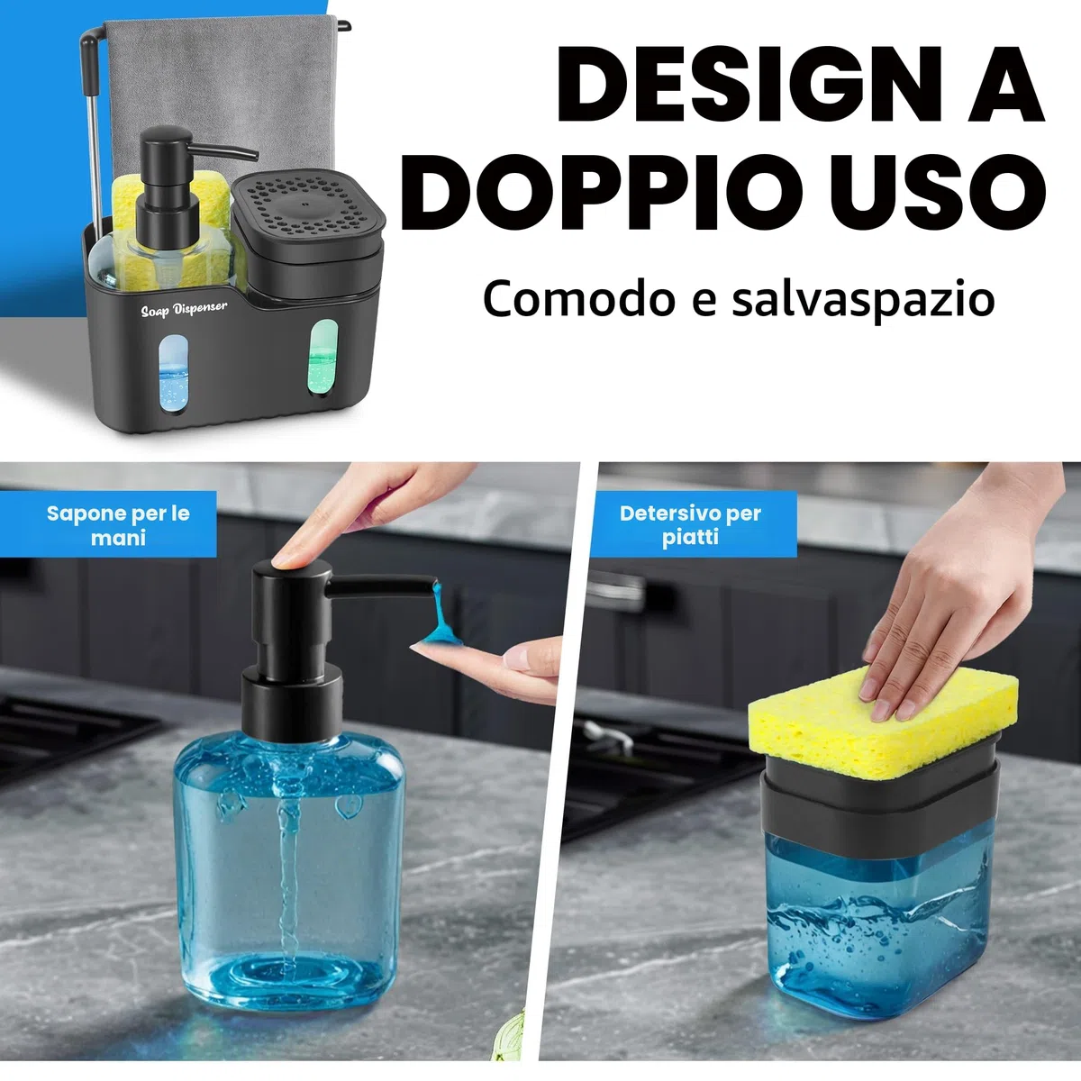 Set doppio di dispenser di sapone per lavello da cucina, dispenser di sapone 4 in 1 per mani e piatti con supporto per spugna, portaspazzole e gancio per strofinacci, design rimovibile e antiscivolo