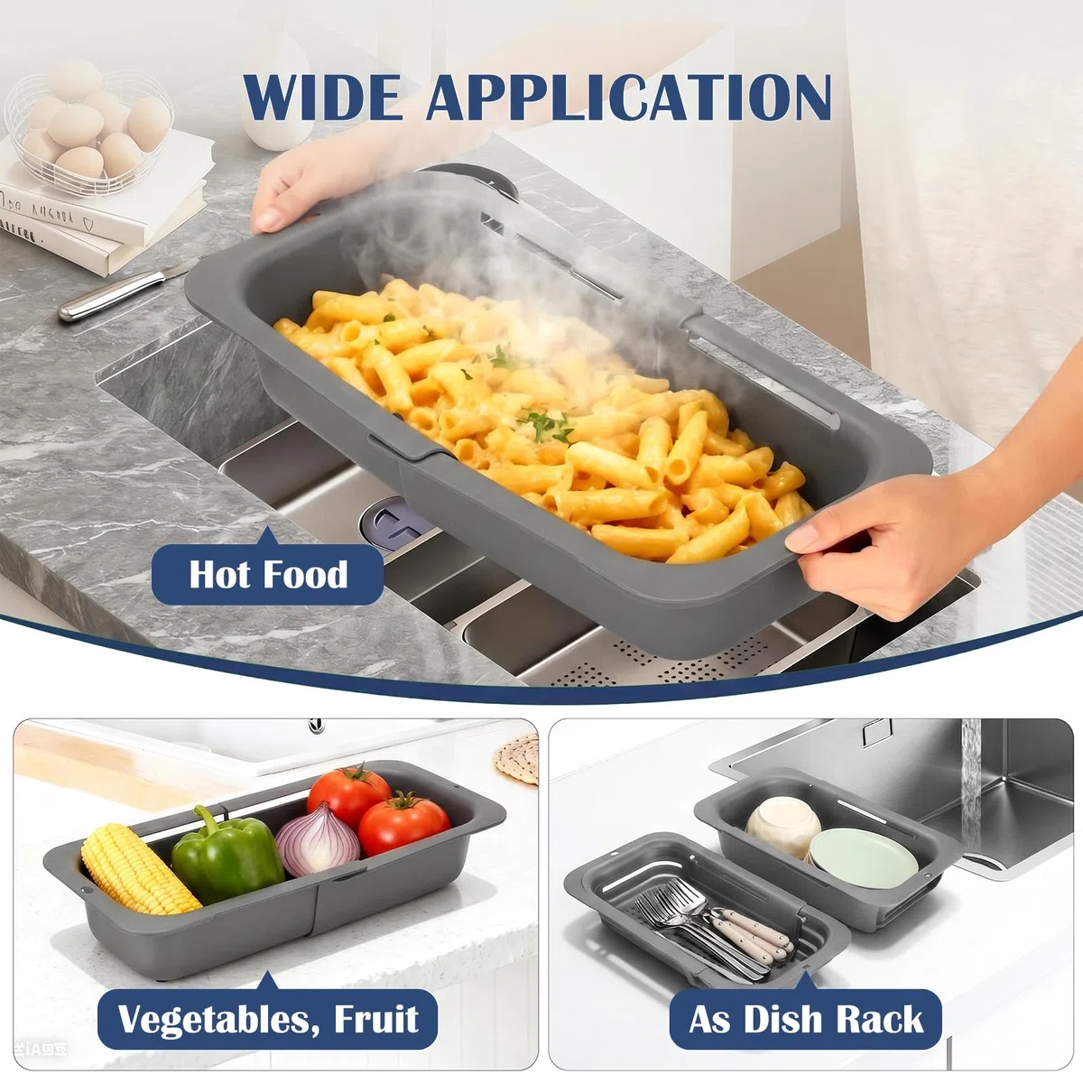VINATO 2 Pezzi Scolapiatti Appoggio Estensibile Lavello, Scola Verdure da Lavello Plastica cucina, Scolapasta Pieghevole, Accessori Lavello Cucina per Scolare e Sciacquare Frutta e Verdura (Grigio)