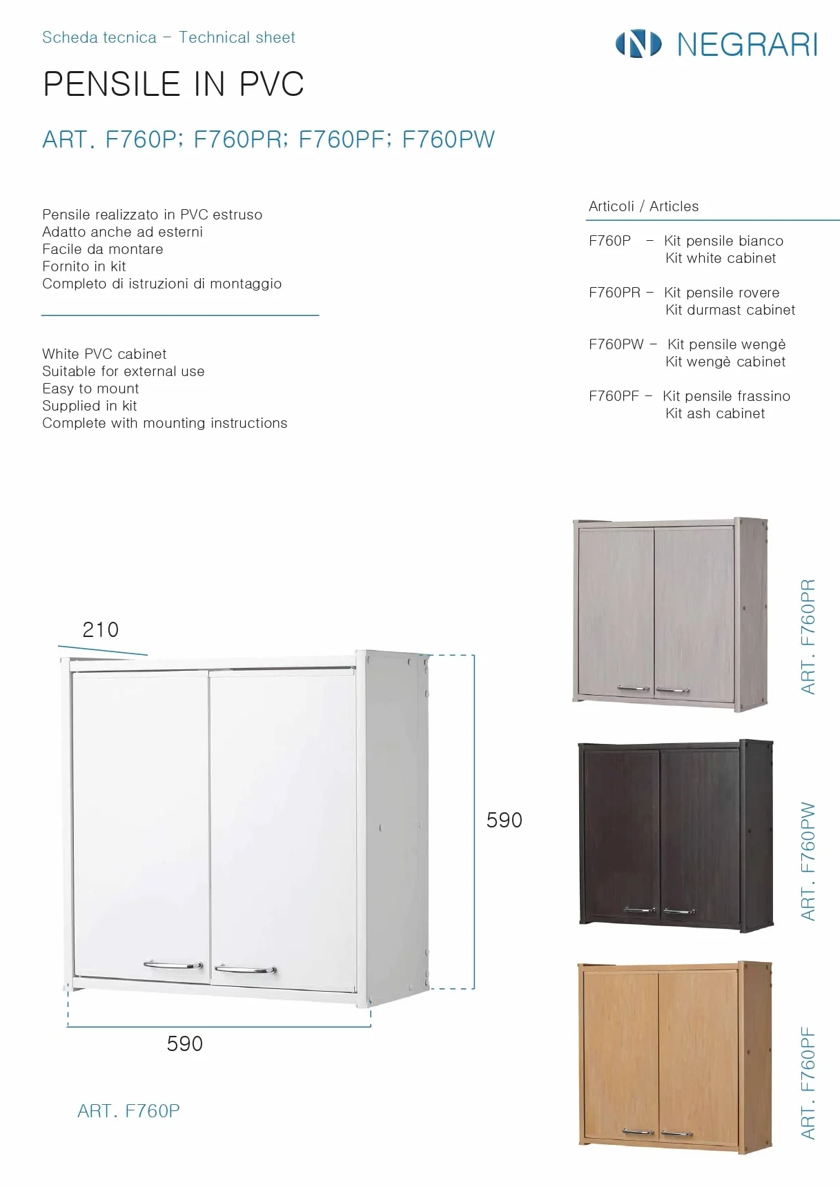 Negrari Pensile in PVC F760PWAM in resina PVC, Fornito in kit di montaggio, Interni/Esterni, 59x21x59 cm, Wenge
