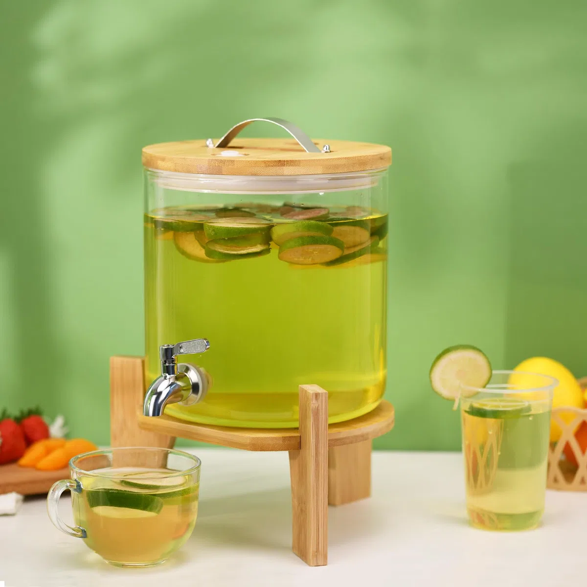 Dispenser per bevande in vetro borosilicato resistente alle alte temperature, con coperchio a bocca larga, barattolo per bevande calde con supporto in bambù, per succhi di frutta, acqua, tè