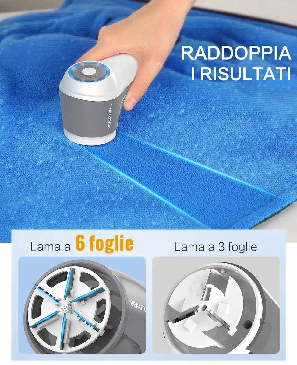 BEAUTURAL Leva Pelucchi Elettronico, Levapelucchi Ricaricabile tramite USB-C, con 6 Lame, Rimuove Pelucchi, Pallini e Pilling da Indumenti, Maglioni e Tessuti d’Arredo