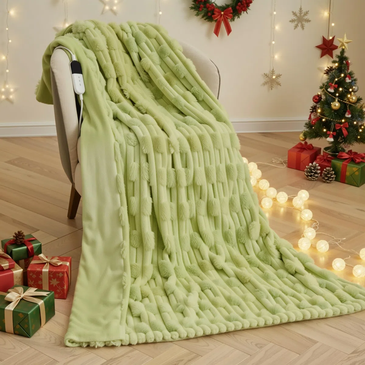 CURECURE Coperta Elettrica 130x180cm, Texture Bambù & Peluche Coniglietto & Flanella, 6 Livelli di Calore & Spegnimento Auto 1-10H, Lavabile in Lavatrice per Letto/Sofà/Ufficio (Verde)