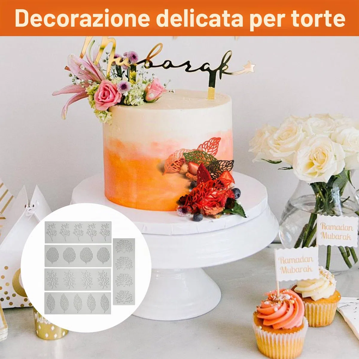 Stampo per Torta in Pizzo, 5 Pezzi Tappetino in Pizzo di Silicone, Stampi per Fondente in Pizzo, Stampi Silicone Foglia, per Dessert, Torte, Decorazione del Piatto