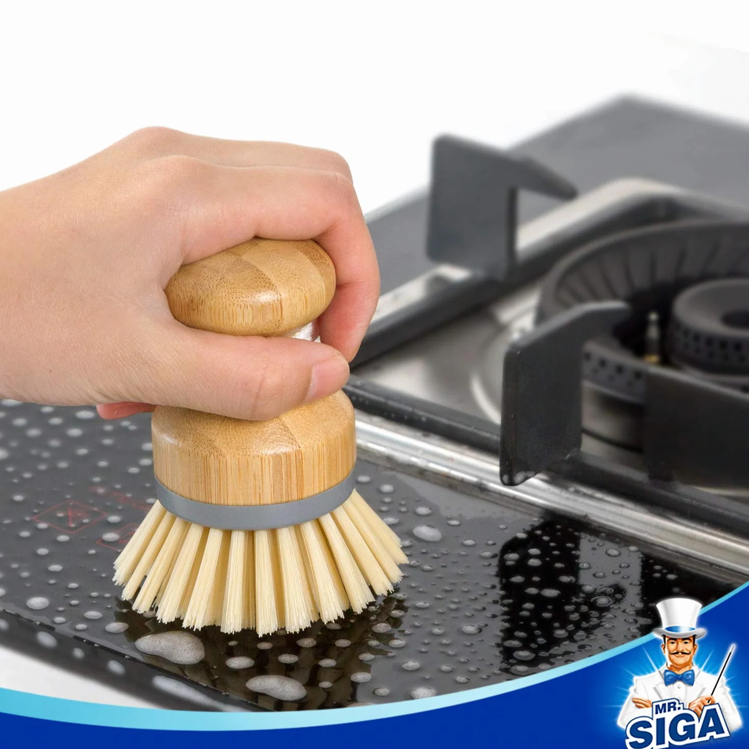 MR.SIGA Bamboo Palm Brush, Scrub Brush for Dish Pans Pins Kitchen Sink Cleaning, Confezione da 2