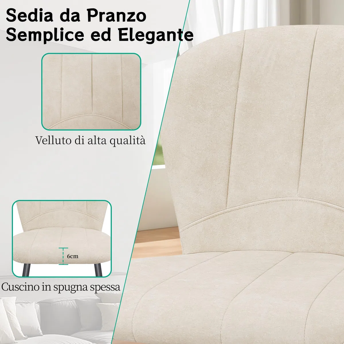 WAFTING Set di 4 Sedie da Pranzo, Sedia a Forma di Conchiglia in Ciniglia e Gambe in Metallo, Comfort Moderno per la Casa e l'Ufficio, Beige