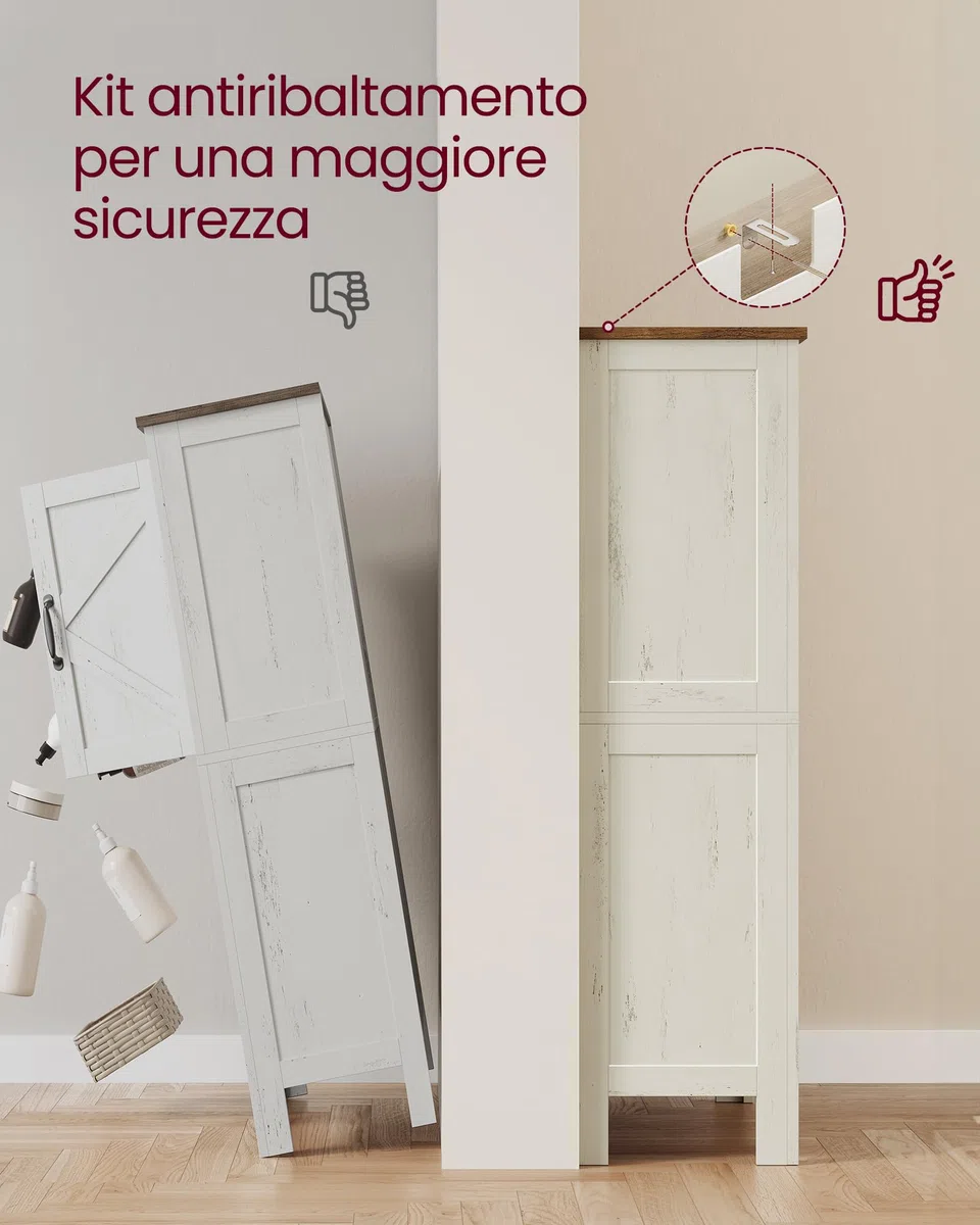 VASAGLE Collezione LIRY - Mobile da Bagno in Stile Farmhouse, Mobiletto con Ante in Stile Fienile, Credenza Cucina, Ripiani Regolabili, Sala da Pranzo Soggiorno, Bianco Vintage BBK773W01