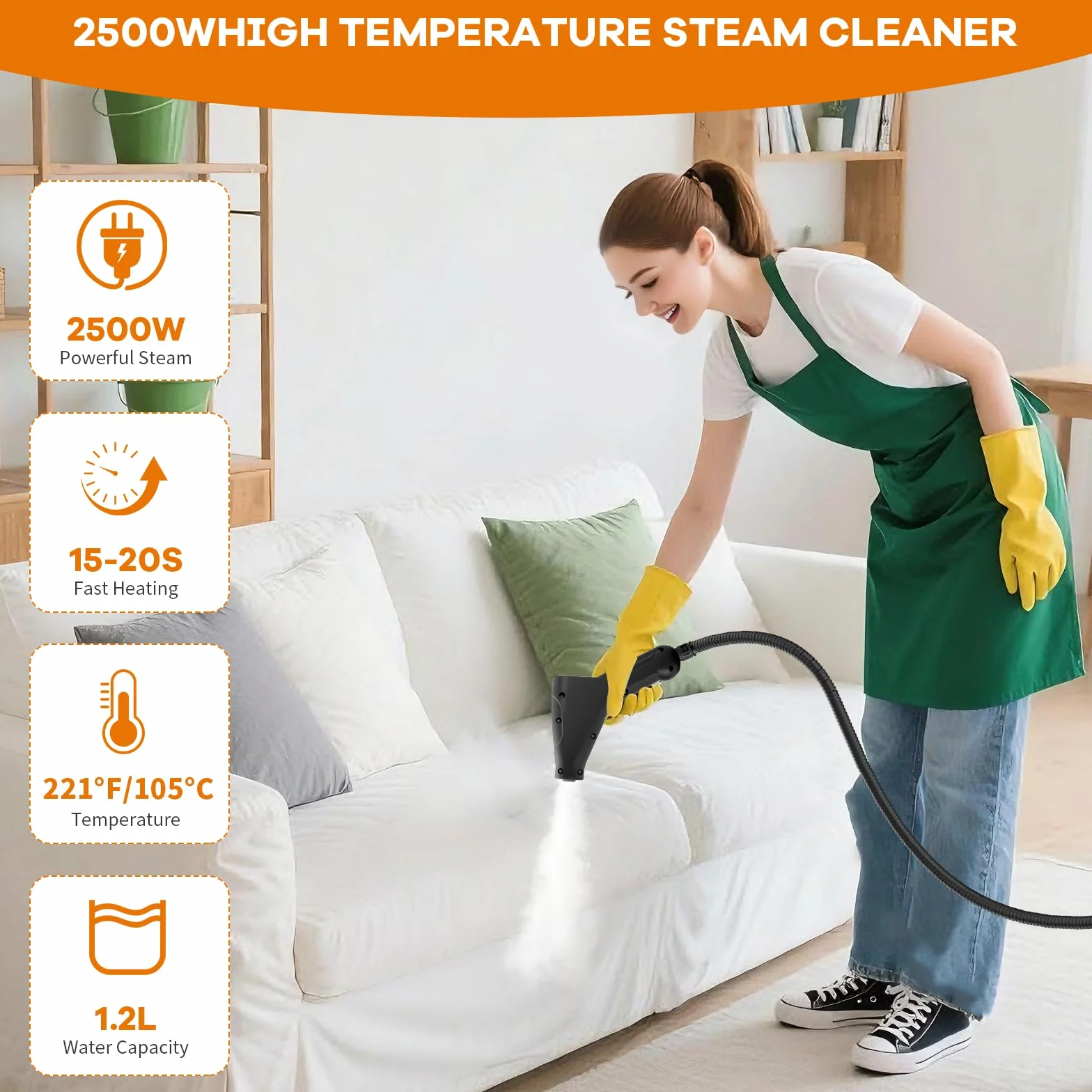 Pulitore a Vapore ad Alta Temperatura 2500W - 3,5Bar di Pressione, 1200ml, 6 Velocità, 15s di Riscaldamento, per Cucina, Auto, Pavimenti e Aria Condizionata
