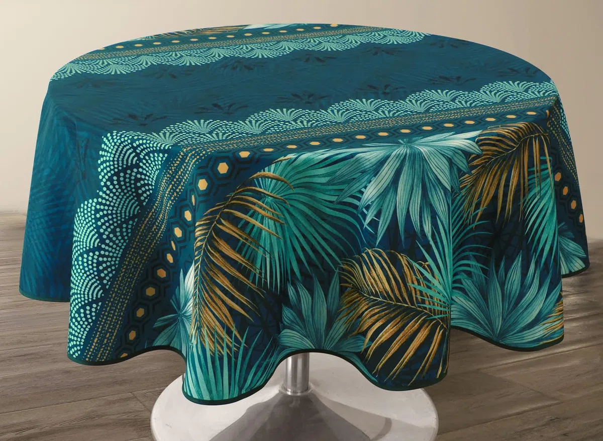 Le Linge de Jules Paraiso, tovaglia antimacchia ovale, 150 x 240 cm, blu, verde, senape