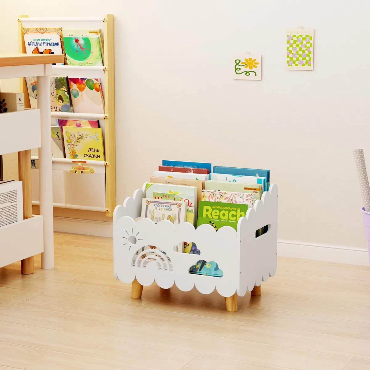Libreria Montessoriana per Bambini Legno, Porta Libri Contenitore Giochi da Terra, per Cameretta Bambini e Stanza dei Giochi, Scatola Porta Oggetti, Espositore Libri