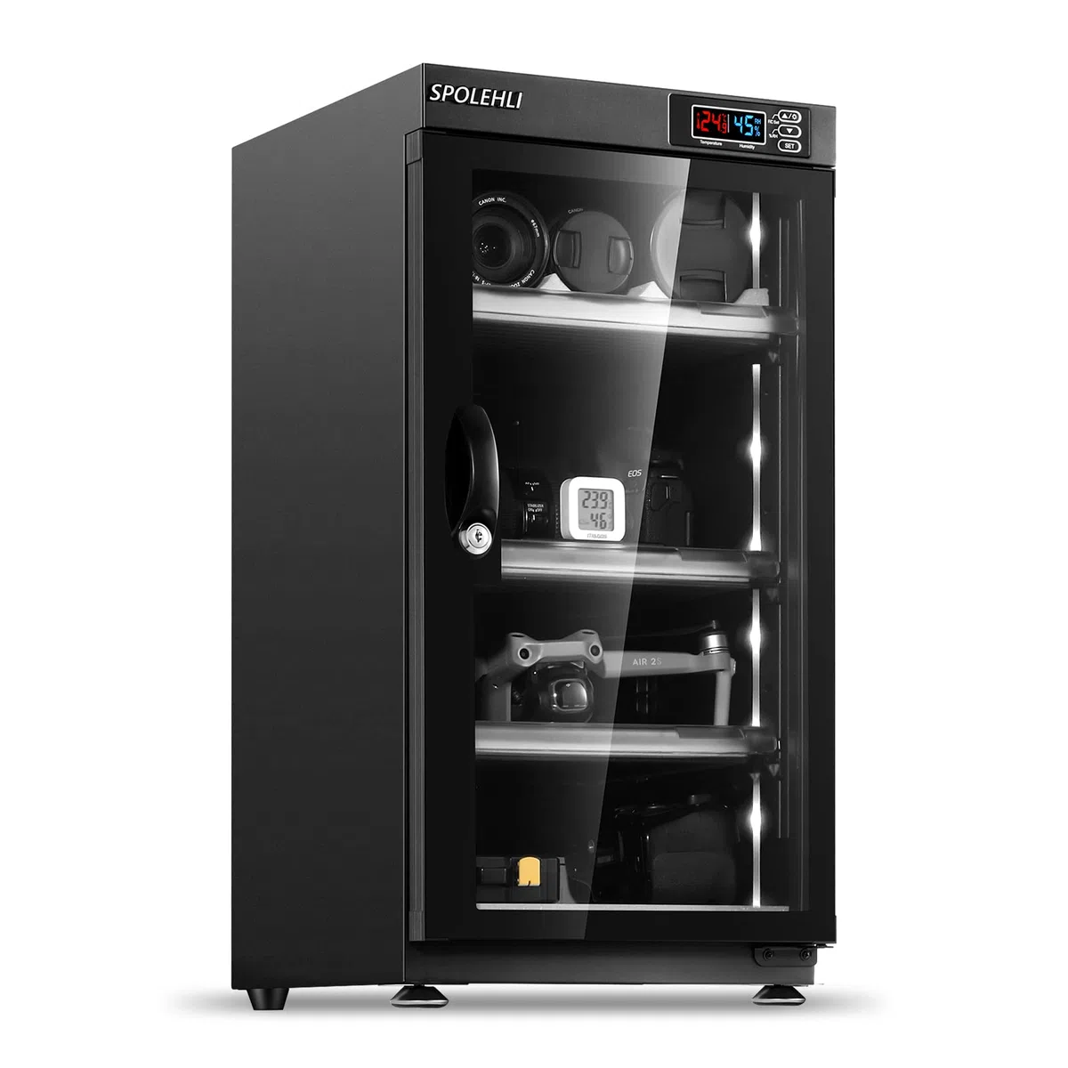 Armadio secco per fotocamere e obiettivi 55L deumidificatore di prodotti elettronici, armadio a prova di umidità con luci LED