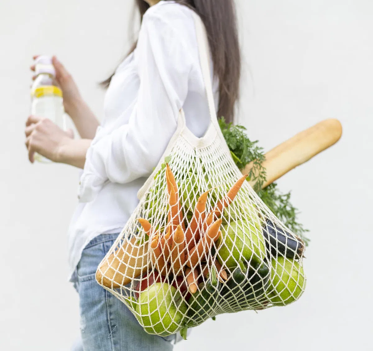 ilauke - Sacchetti in rete riutilizzabili per la spesa, in cotone, con manico lungo, per frutta e verdura (4 colori)