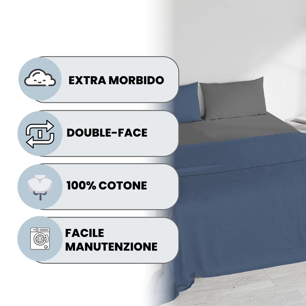 COMPLETO LETTO MATRIMONIALE NATURAL COLOR 100% Cotone - Prodotto in Italia - Sopra 240x300 cm, Sotto 170x200 cm, Federe 50x80 cm Tinta Unita - DoubleFace - Avio/Fumo