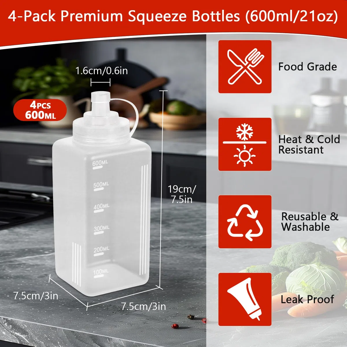 4 Pezzi Bottiglia Squeeze di Plastica, 600ml Bocca Grande Biberon Cucina Professionale con Tappi, Pennello di Pulizia, Imbuto, Squeeze Bottle Sauce per Ketchup, Senape, Mayo, Olio, Salse