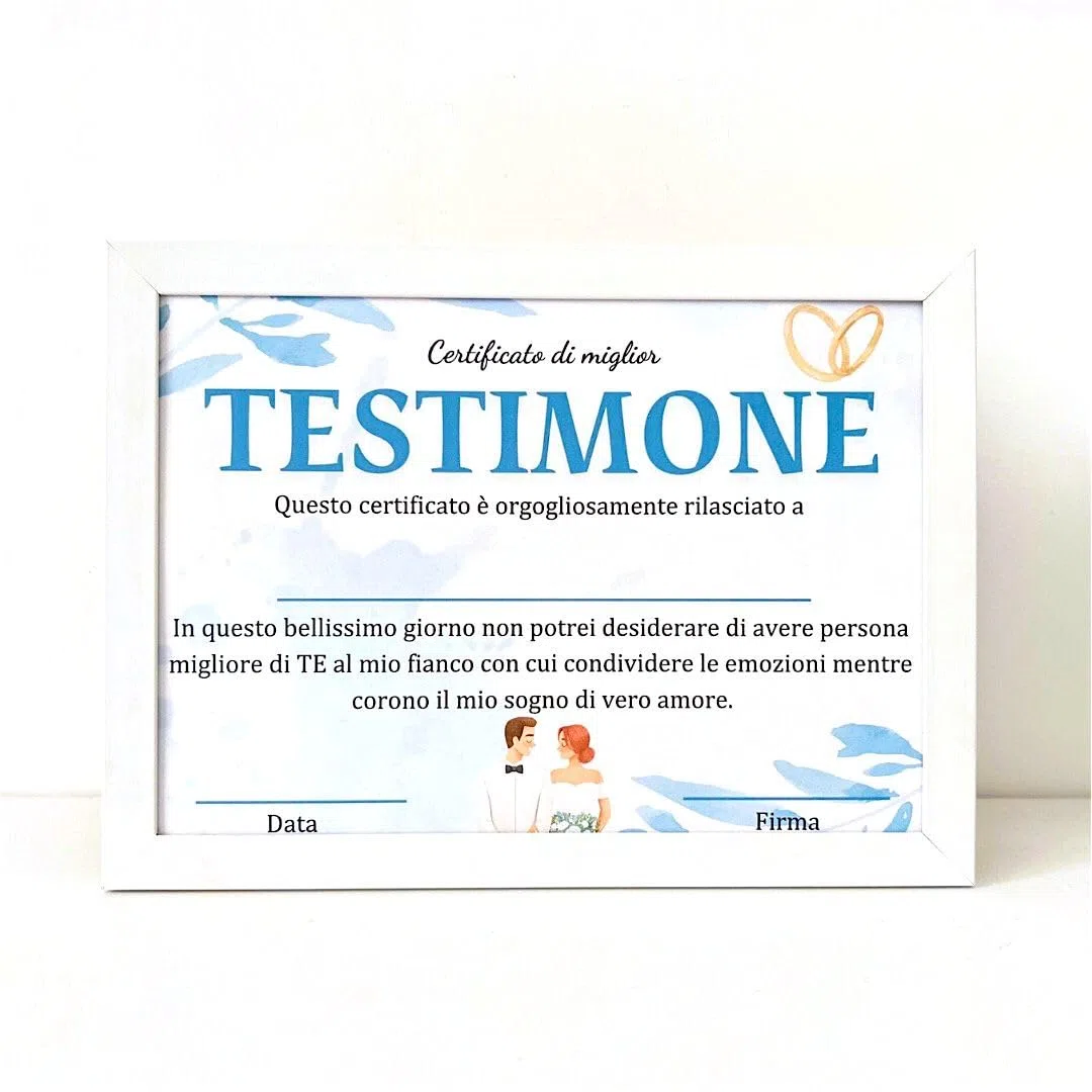 Diploma Miglior Testimone del Mondo con Cornice, Regalo Testimone di Nozze, Certificato di Miglior Testimone Personalizzato, Attestato Damigella (TESTIMONE F)