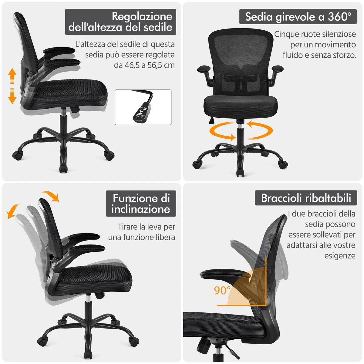 Sedia da Ufficio con Supporto Lombare, Sedia Scrivania Ergonomica con Braccioli Regolabili in Rete Traspirante, Altezza Regolabile e Schienale Inclinabile con Ruote Girevoli Nero