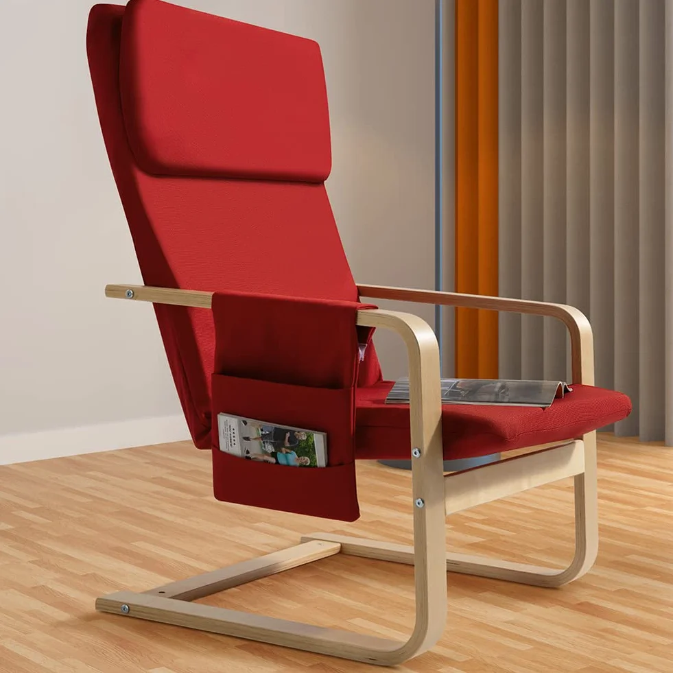 BAKAJI Sedia a Dondolo in Legno di Betulla con Rivestimento in Cotone Imbottito in Spugna Altissima Densità, Poltrona Oscillante Relax con Borsa a 2 Scomparti e Cuscino, Seduta Ergonomica (Rosso)