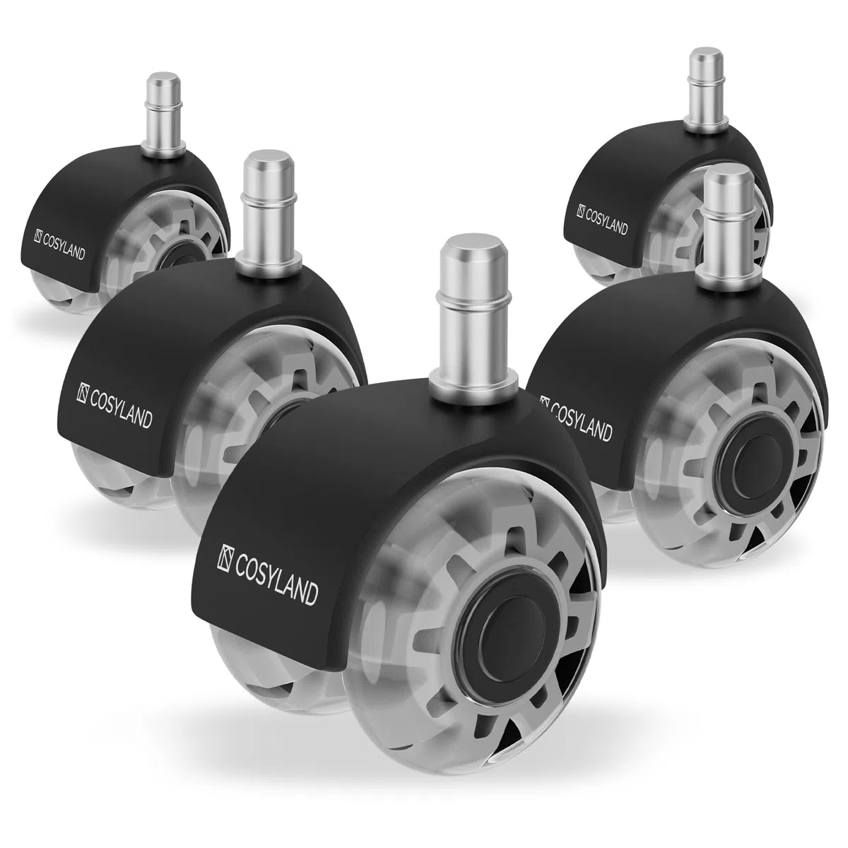 COSYLAND Ruote per sedia ufficio doppie argento trasparente, rotelle scorrevoli e silenziose con movimento fluido a 360°, ideali per parquet e pavimenti duri, 11X22MM