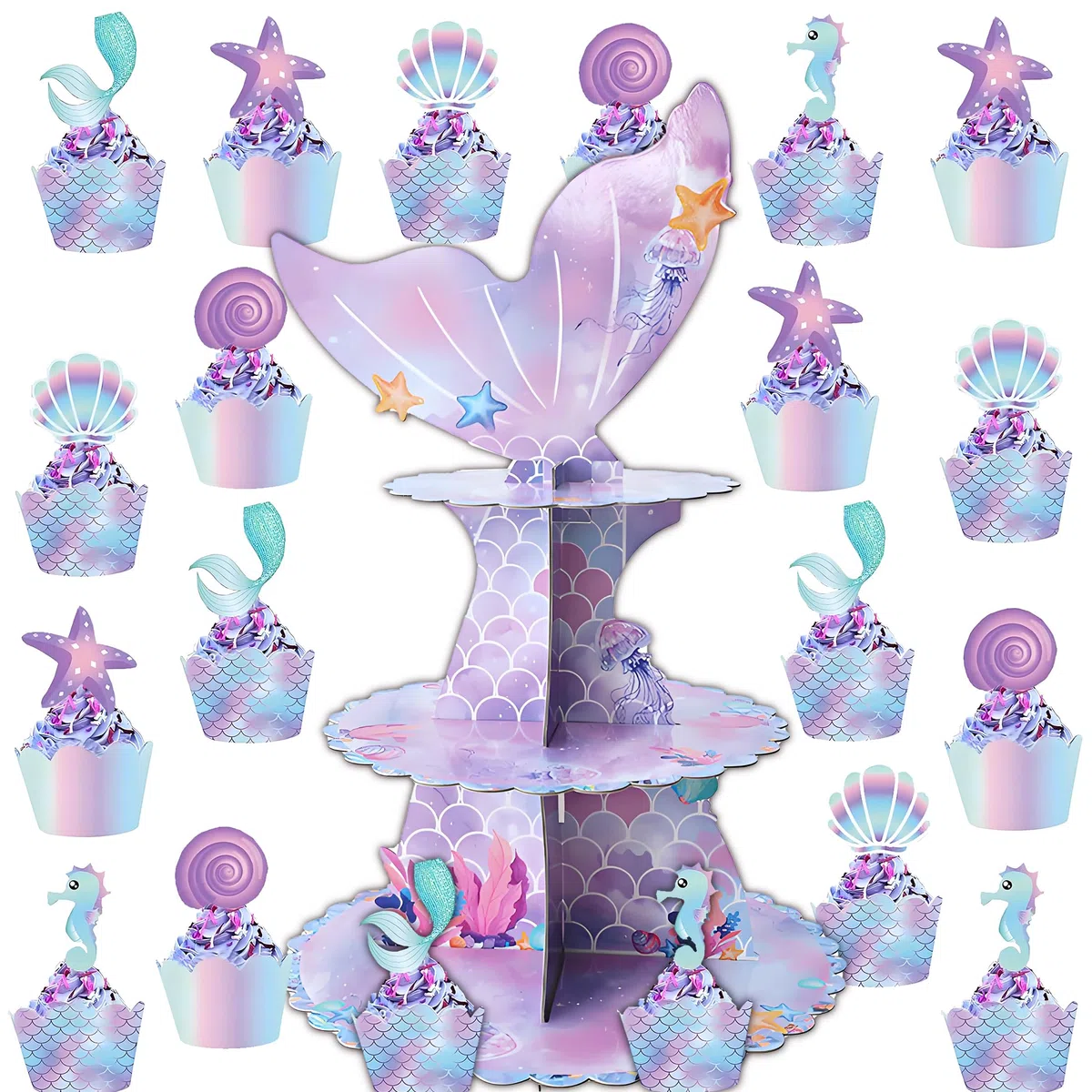 3 animali Fantasy Ocean Cake Stand, Cupcake Torre + 20 pcs Cupcake Wrappers + 20TCupcake Top, mondo subacqueo, da sogno, tema sirene, decorazione per feste di compleanno