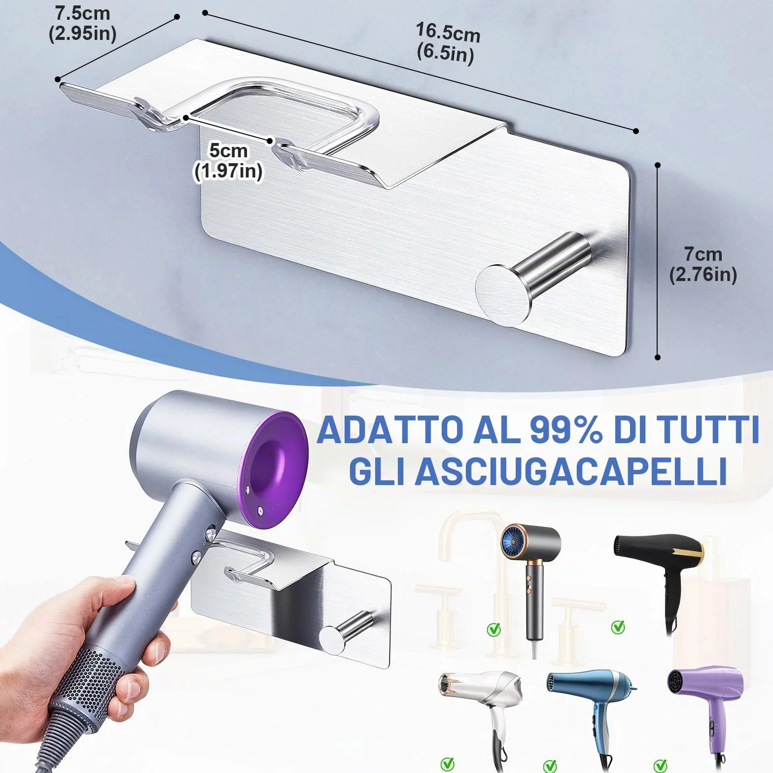 Porta Asciugacapelli da Parete, Porta Phon da Muro Supporto Phon da Parete Metallo,Supporto Adesivo per Asciugacapelli da Appendere per Armadietto Bagno Camera da Letto Barbieri (Argento)