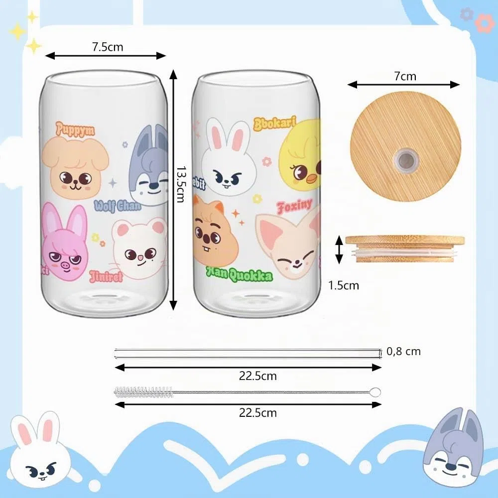 Stray SKZ con coperchio e cannuccia, vetro Skzoo da 500 ml, per tè a bolle, caffè, frullati, tè freddo, cocktail, kpop merch regali per Stay