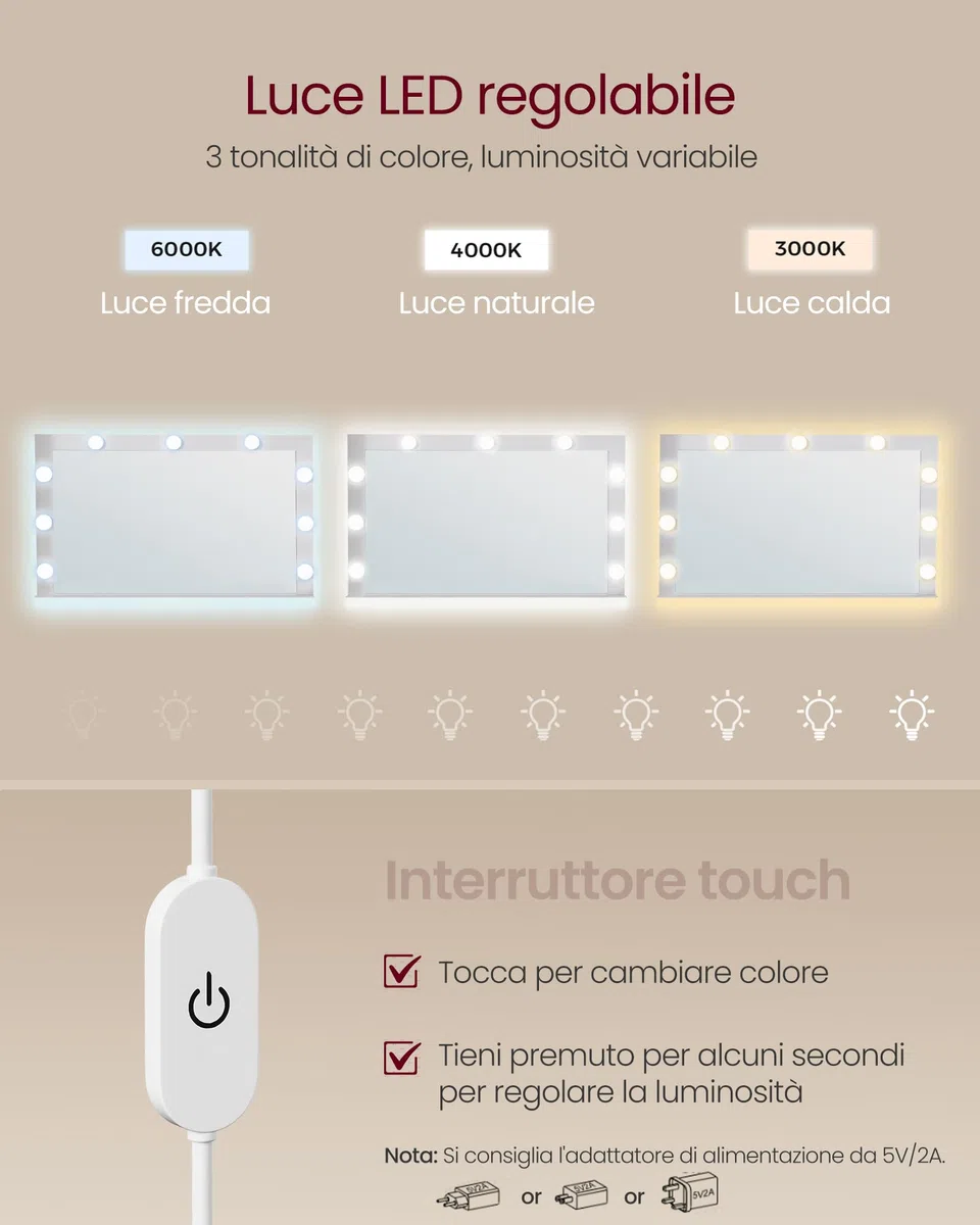 VASAGLE KAILYN Collezione - Tavolo da Trucco, Toeletta con Luce LED, Regolabile a 3 Colori, con Specchio, Tavolo Cosmetico con 2 Cassetti e 3 Scomparti Aperti, Bianco Nuvola RDT120WB01