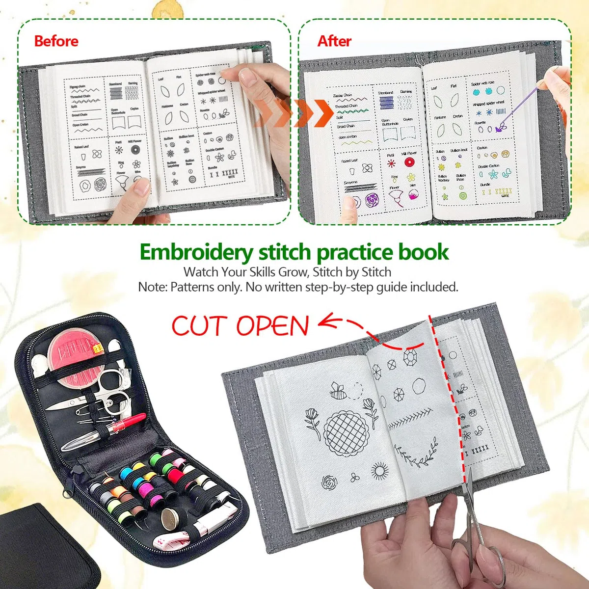 Libro di Ricamo Set Fai da Te in Lino Embroidery Stitch Book Libro da Ricamare Creativo con Kit Strumenti Cucire 106 Schemi Punti per Esercitarsi Mini Kit Ricamo Principianti Adulti e Appassionati