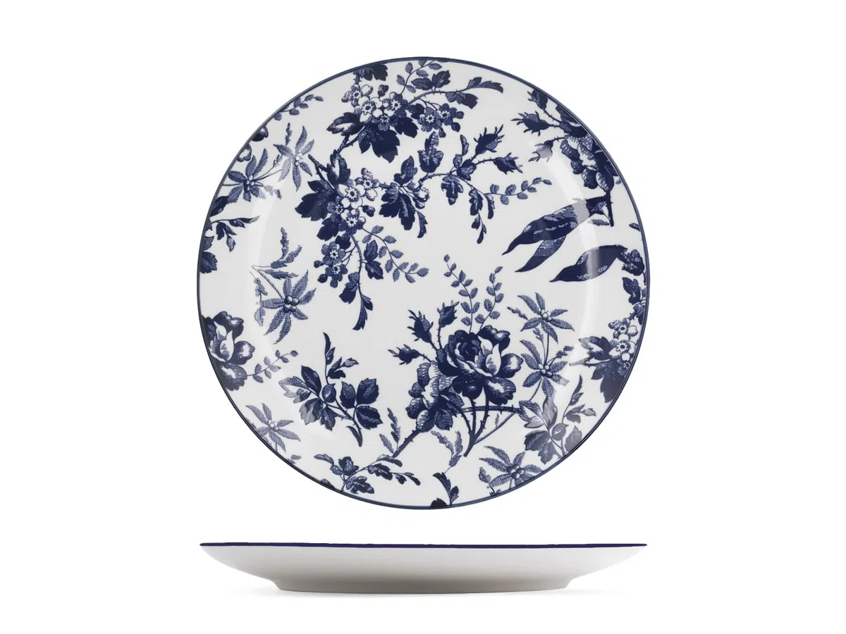 H&H Set 6 Piatti Piani Catherine 27 cm – Porcellana Decorata Blu Stile Floreale Inglese, Piatti Eleganti, Lavastoviglie e Microonde