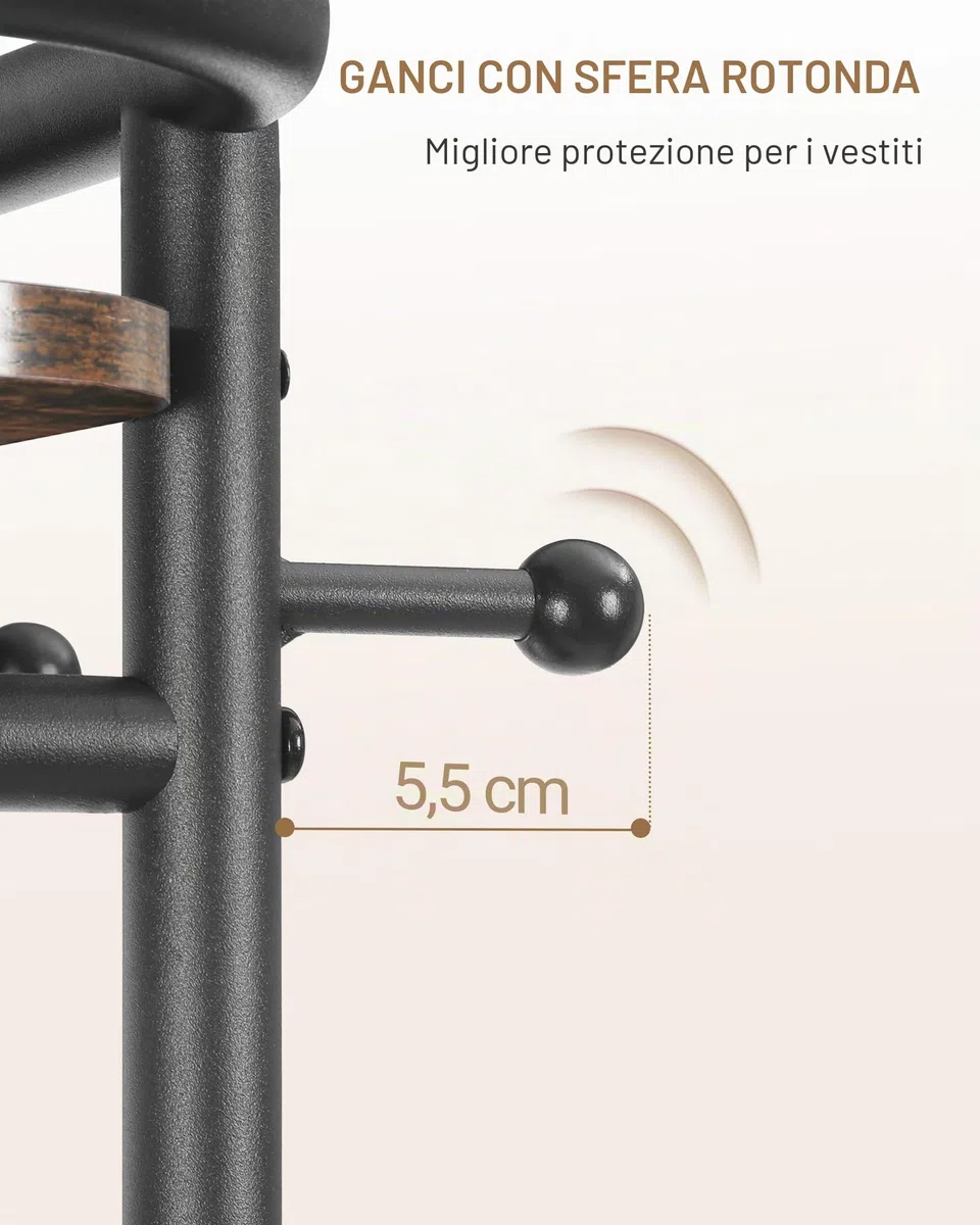 Hzuaneri Appendiabiti, 40 x 44,5 x 182 cm, Attaccapanni da Terra con 3 Ripiani, 11 Ganci e 1 cesto, per sciarpe, borse, cappelli, per ingresso, soggiorno, camera da letto, Marrone Rustico e Nero