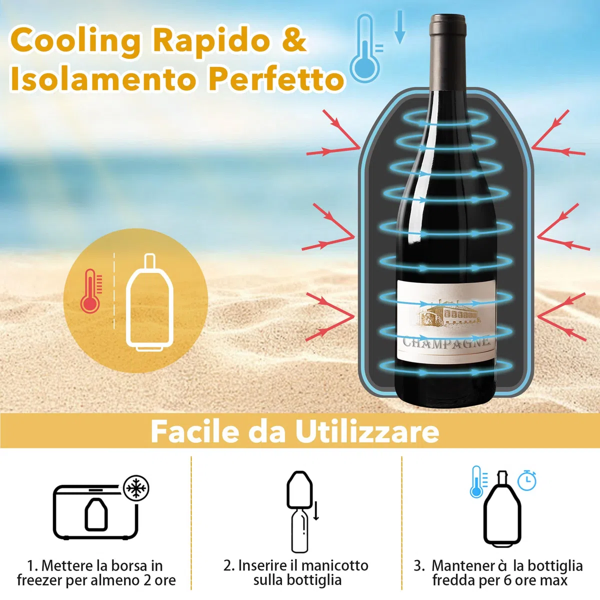 Borsa Raffredda per Bottiglie di Spumante Champagne Vino, Sacco Termico Refrigeratore per Vini,Fascia Raffreda Bottiglie Elastica,Manicotto Refrigerante per Bevande Birra Vino Viaggio Feste
