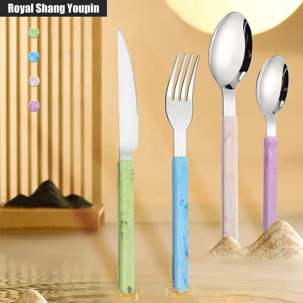 Retro Stile Cinese PP Maniglia Da Cucina in Acciaio Inox Argenteria Da Tavola Posate Set Di Posate Coltello Da Bistecca Forchetta Cucchiaio Cucchiaino (Blu,24 pezzi)
