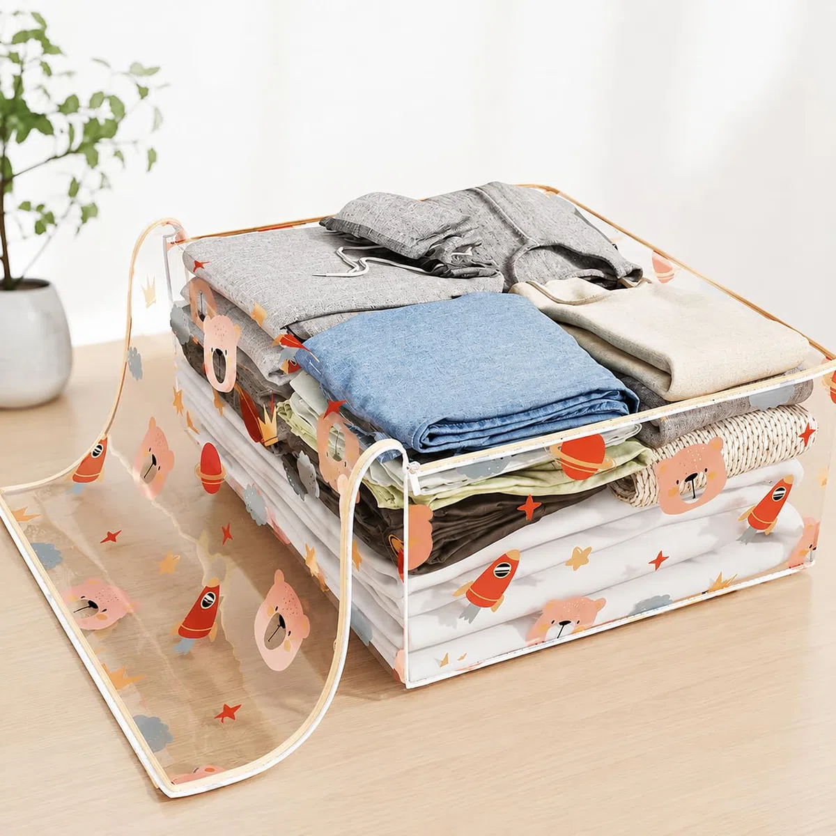 ESILA Set 2 Pezzi Sacchi Portaoggetti per Vestiti e Giocattoli Bambini – Borse Salvaspazio Trasparenti con Cerniera per Armadio, Organizer Pieghevole per Coperte, Piumoni e Abiti