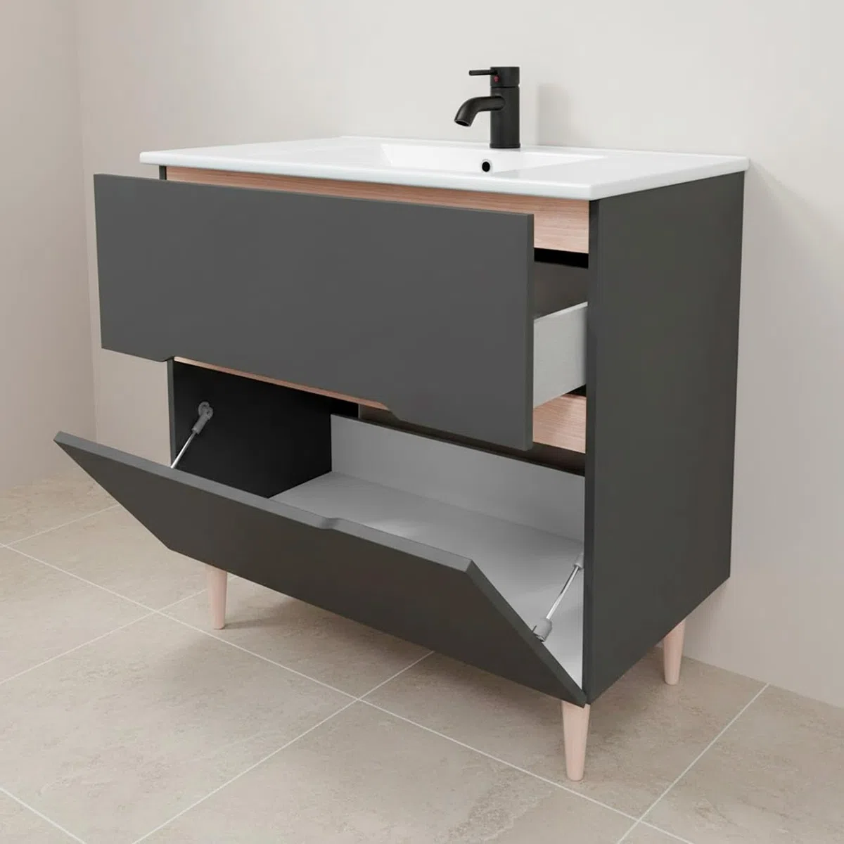 Arreditaly Mobile Bagno A Terra Con Lavabo In Ceramica E Specchio Inclusi 1 Cassetto Soft Close E 1 Anta A Vasistas Design Moderno Salvaspazio 80 x 45 x 80 Cm Colore Grigio Antracite E Rovere