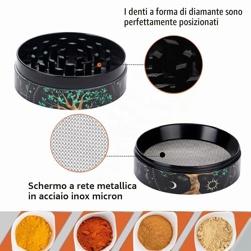 Grande Macinaspezie Versatile 63mm(2.5 "), Spespo Macinino meccanico per spezie,- realizzato in Lega di zinco - 4 Pezzi - full color printing (Tree design)