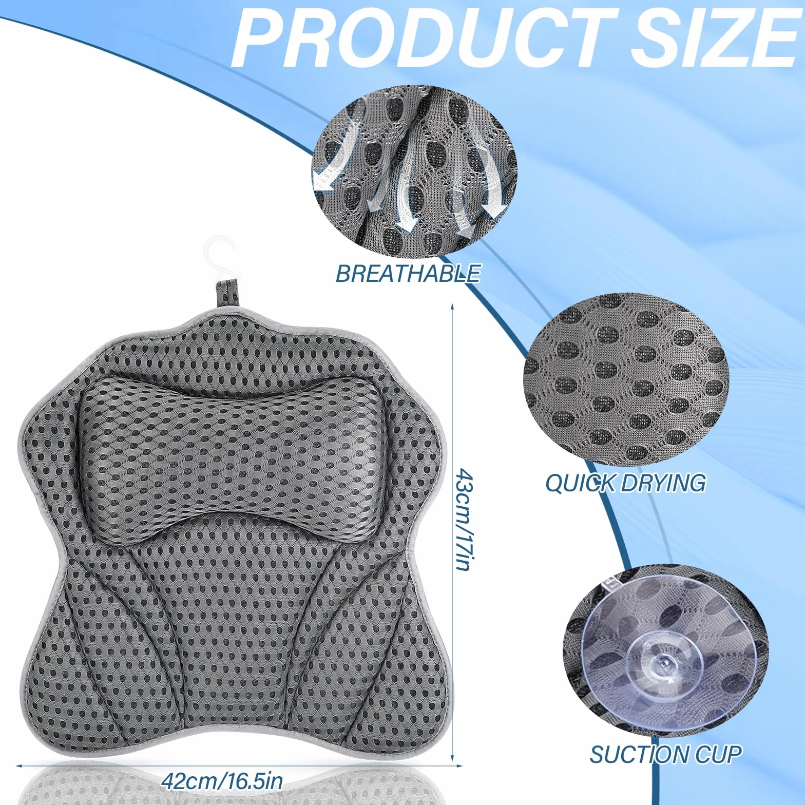 Zikenis Cuscino da Bagno con 6 Ventose Antiscivolo, Cuscino Vasca da Bagno 4D Mesh, per Ergonomici, per Collo, Schiena, Vasca e Spa di Casa