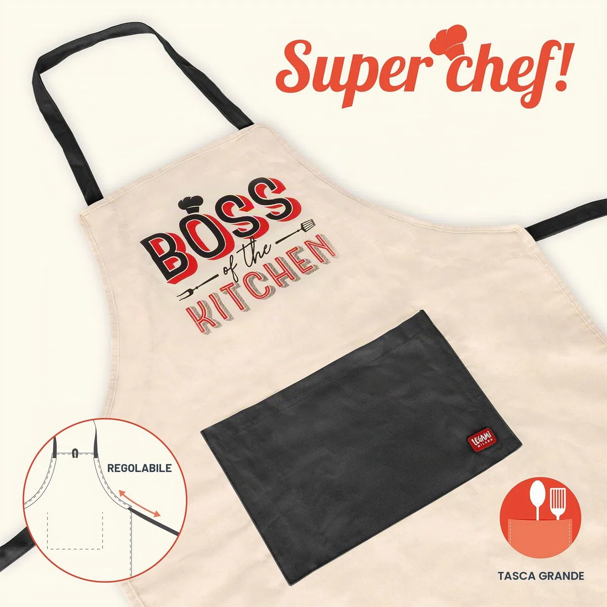 Legami - Grembiule da Cucina Uomo Donna, Super Chef, Tasca Frontale, Regolabile, Taglia Unica, Lavabile in Lavatrice, Dimensioni 56 x 76 cm, Tema Boss of The Kitchen