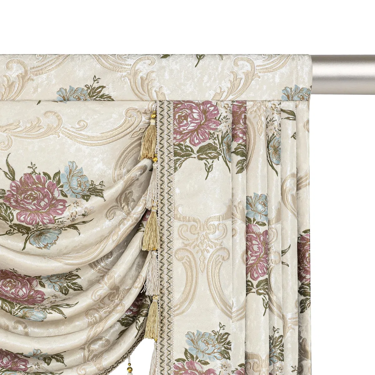 Mantovana a Cascata per Finestre, Mantovana Floreale con Nappe, Tenda Corta Jacquard per Camera da Letto Soggiorno Cucina (Larghezza 150cm, Beige)