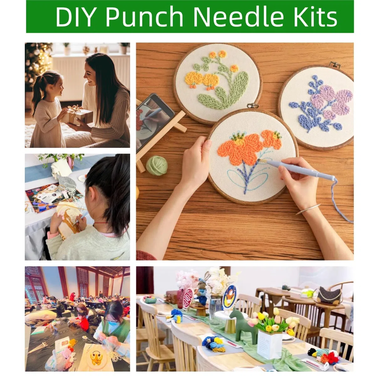 Punch Needle Kit Ricamo Principianti con Ago Magico，Set Completo con Telaio, Fili, Motivi Animali e Fiori，Embroidery Kit per Punto Croce, Piccolo Punto e Fai da Te Creativo per Adulti e Bambini