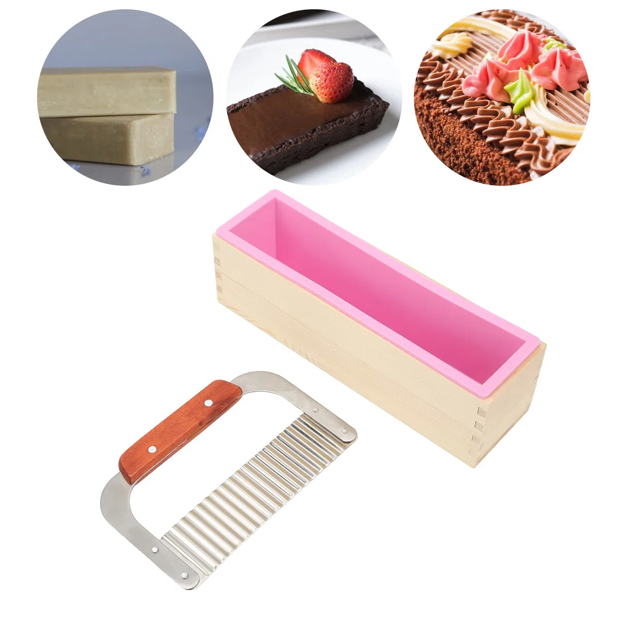 Set di tagliasapone in Legno, Stampo per Tagliasapone in Legno con Stampo in Silicone con Taglierina Ondulata in Acciaio Inossidabile per la Produzione di Sapone Fai da Te