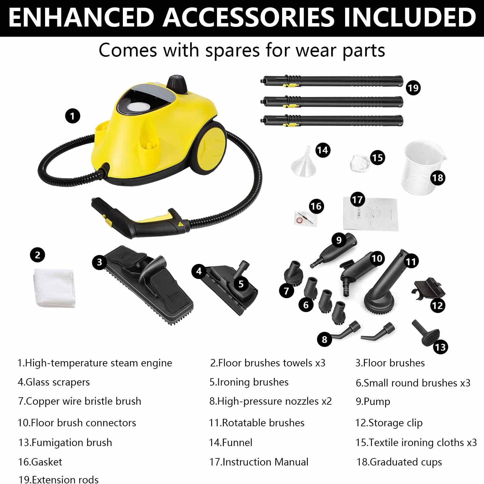 Pulitore a Vapore 2100 W con 29 Accessori, Serbatoio 2,1 L, Pressione 5 bar, Kit Pavimenti & Ugelli, Allarme Acqua Bassa, per Tappeti, Piastrelle, Vetri, Pavimenti (Nero)