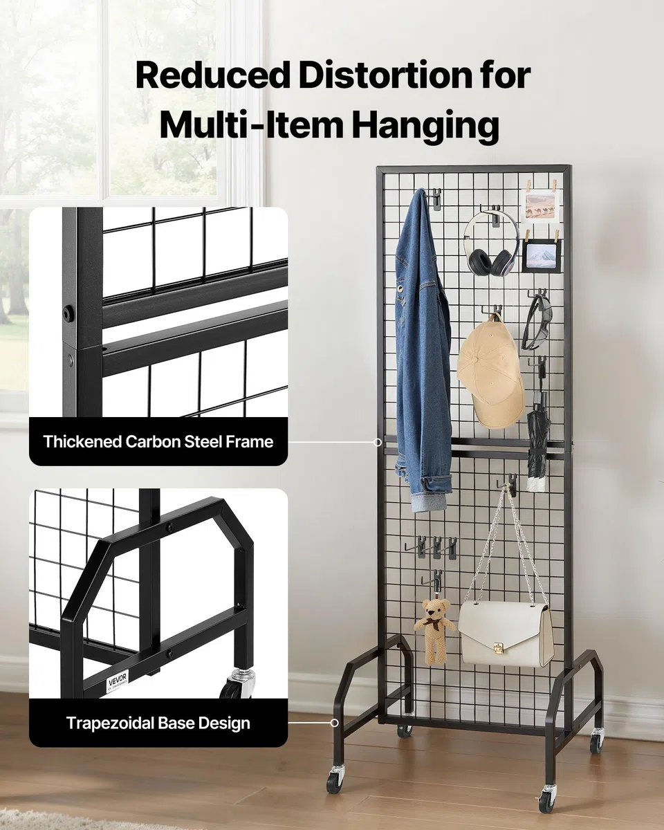 VEVOR Parete Pannello a Griglia 60 x 164 cm 1 pezzo Espositore da Pavimento con 10 Ganci, Parete a Pannello in Acciaio al Carbonio, Scaffale per Esposizione per Decorazioni, Nero