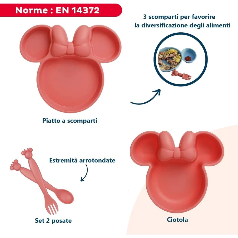 CARTOON Set 4 stoviglie Minnie Disney in plastica riutilizzabile adatto al microonde set pappa sagomato piatti e posate accessori pranzo per bambini