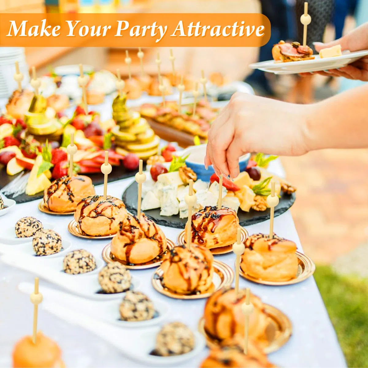 200PCS Cocktail Picks, Natural Fancy Toothpicks for Appetizers, Wooden Ball Bamboo Skewers for Appetizers, 4.7 IN Long Decorative Cocktail Sticks for Drinks Food Party Charcuterie Boards Accessories